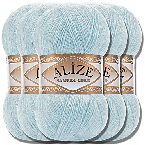 Hobby YARN Alize 5x 100g Angora Gold Türkische Premium Wolle Dünne Mohair aus Schurwolle Babywolle als Strickgarn Handstrickgarn Einfarbig Uni Yarn (Light Aqua | 114) von Hobby YARN