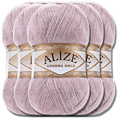 Hobby YARN Alize 5x 100g Angora Gold Türkische Premium Wolle Dünne Mohair aus Schurwolle Babywolle als Strickgarn Handstrickgarn Einfarbig Uni Yarn (Rose Grey | 163) von Hobby YARN