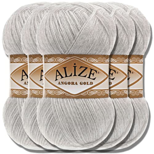 Hobby YARN Alize 5x 100g Angora Gold Türkische Premium Wolle Dünne Mohair aus Schurwolle Babywolle als Strickgarn Handstrickgarn Einfarbig Uni Yarn (Light Grey Melange | 208) von Hobby YARN