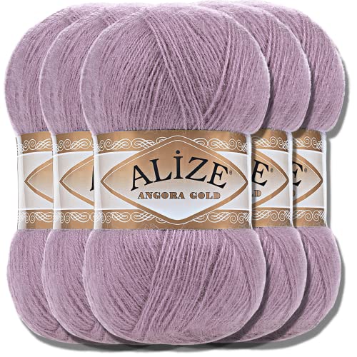 Hobby YARN Alize 5x 100g Angora Gold Türkische Premium Wolle Dünne Mohair aus Schurwolle Babywolle als Strickgarn Handstrickgarn Einfarbig Uni Yarn (Puce | 312) von Hobby YARN