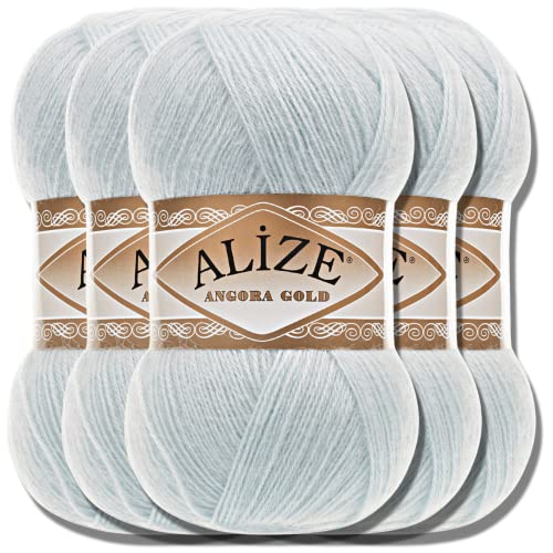 Hobby YARN Alize 5x 100g Angora Gold Türkische Premium Wolle Dünne Mohair aus Schurwolle Babywolle als Strickgarn Handstrickgarn Einfarbig Uni Yarn (Winter Sky | 514) von Hobby YARN