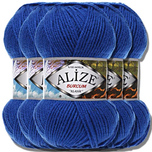 Alize 5x 100g Burcum Klasik Classic Türkische Premium Wolle 100% Acryl Handstrickgarne Uni Einfarbig | Garn | Yarn Babywolle Strickgarn Baby Häkeln Stricken (Royal Blue | 141) von Hobby YARN