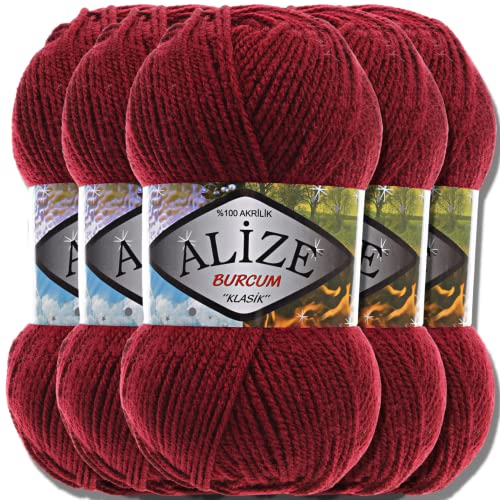 Alize 5x 100g Burcum Klasik Classic Türkische Premium Wolle 100% Acryl Handstrickgarne Uni Einfarbig | Garn | Yarn Babywolle Strickgarn Baby zum Häkeln Stricken (Burgundy | 57) von Hobby YARN