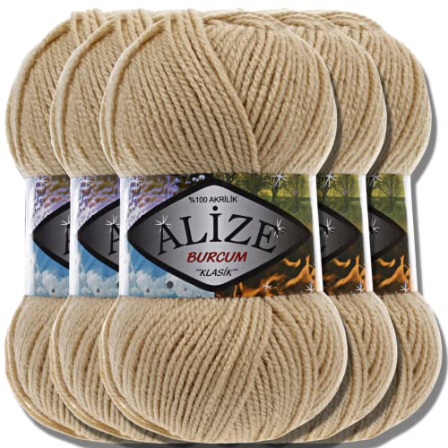 Alize 5x 100g Burcum Klasik Classic Türkische Premium Wolle 100% Acryl Handstrickgarne Uni Einfarbig | Garn | Yarn Babywolle Strickgarn Baby zum Häkeln Stricken (Camel | 368) von Hobby YARN