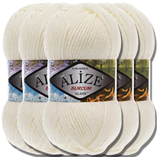 Alize 5x 100g Burcum Klasik Classic Türkische Premium Wolle 100% Acryl Handstrickgarne Uni Einfarbig | Garn | Yarn Babywolle Strickgarn Baby zum Häkeln Stricken (Light Cream | 62) von Hobby YARN