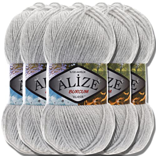 Alize 5x 100g Burcum Klasik Classic Türkische Premium Wolle 100% Acryl Handstrickgarne Uni Einfarbig | Garn | Yarn Babywolle Strickgarn Baby zum Häkeln Stricken (Light Grey Melange | 208) von Hobby YARN