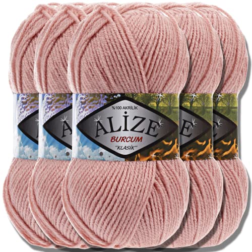 Alize 5x 100g Burcum Klasik Classic Türkische Premium Wolle 100% Acryl Handstrickgarne Uni Einfarbig | Garn | Yarn Babywolle Strickgarn Baby zum Häkeln Stricken (Powder | 161) von Hobby YARN