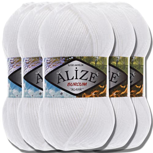 Alize 5x 100g Burcum Klasik Classic Türkische Premium Wolle 100% Acryl Handstrickgarne Uni Einfarbig | Garn | Yarn Babywolle Strickgarn Baby zum Häkeln Stricken (White | 55) von Hobby YARN