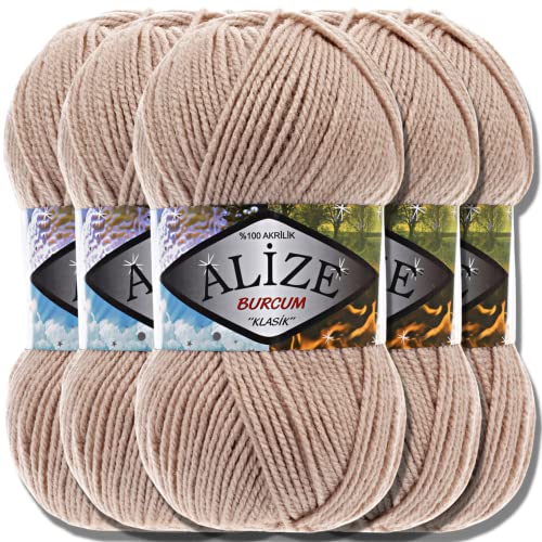 Alize 5x 100g Burcum Klasik Classic Türkische Premium Wolle 100% Acryl Handstrickgarne Uni Einfarbig | Garn | Yarn Babywolle Strickgarn zum Baby Häkeln Stricken (Beige | 256) von Hobby YARN