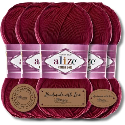 Alize 5x 100g Cotton Gold Batik Türkische Premium Wolle Baumwolle und Acryl Handstrickgarne Garn Yarn Babywolle Strickgarn mit Akzente Accessoire Baby zum Häkeln Stricken (Burgundy | 57) von Hobby YARN