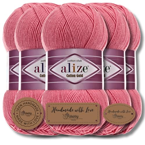 Alize 5x 100g Cotton Gold Türkische Premium Wolle Baumwolle und Acryl Handstrickgarne | Garn | Yarn | Babywolle Strickgarn Accessoire Baby zum Häkeln Stricken Kleidung Schals (Candy Pink | 33) von Hobby YARN