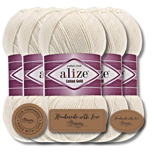 Alize 5x 100g Cotton Gold Türkische Premium Wolle Baumwolle und Acryl Handstrickgarne | Garn | Yarn | Babywolle Strickgarn Accessoire Baby zum Häkeln Stricken Kleidung Schals (Light Cream | 62) von Hobby YARN