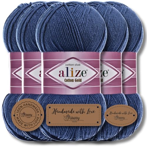 Alize 5x 100g Cotton Gold Türkische Premium Wolle Baumwolle und Acryl Handstrickgarne | Garn | Yarn | Babywolle Strickgarn Akzente Accessoire Baby zum Häkeln Stricken Schals (Midnight Blue| 279) von Hobby YARN