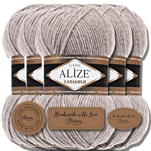Alize 5x 100g Lanagold Classic Türkische Premium Wolle Baumwolle und Acryl Uni Handstrickgarne | Yarn | Garn | Strickgarn Einfarbig Baby zum Häkeln Stricken Schals (Light Brown Melange | 207) von Hobby YARN