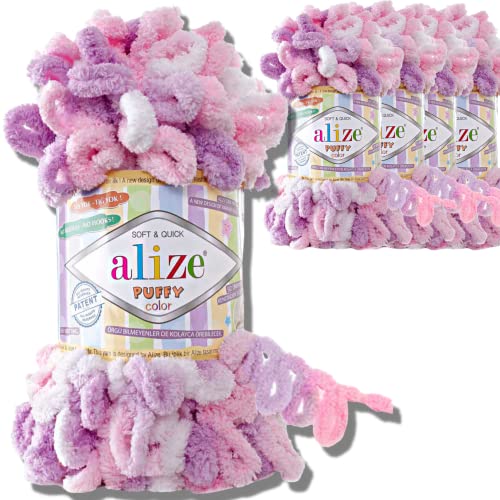 Alize 5x 100g Puffy türkische Wolle Super Bulky Chenillegarn Kuschelweich Babywolle Handstrickgarn zum häkeln weiches Chenille-Garn XXL-Knäuel für Amigurumi (6051) von Hobby YARN