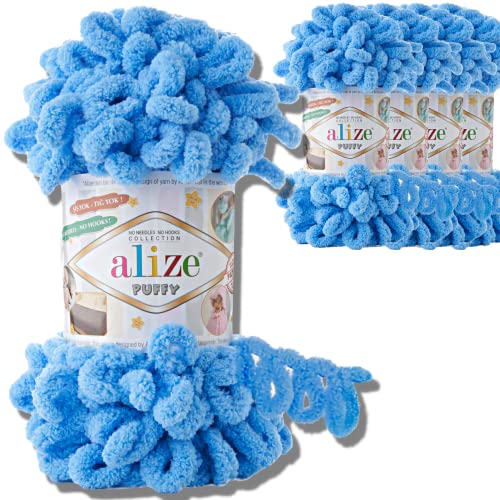 Alize 5x 100g Puffy türkische Wolle Super Bulky Chenillegarn Kuschelweich Babywolle Handstrickgarn zum häkeln weiches Chenille-Garn XXL-Knäuel für Amigurumi (Blue | 289) von Hobby YARN
