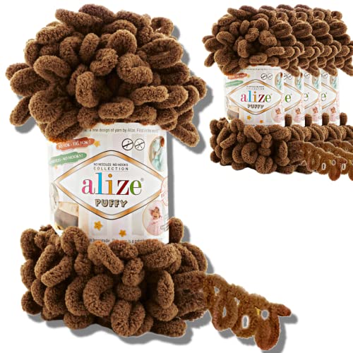 Alize 5x 100g Puffy türkische Wolle Super Bulky Chenillegarn Kuschelweich Babywolle Handstrickgarn zum häkeln weiches Chenille-Garn XXL-Knäuel für Amigurumi (Coffee Mocha | 321) von Hobby YARN