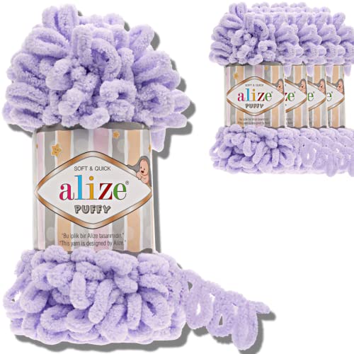 Alize 5x 100g Puffy türkische Wolle Super Bulky Chenillegarn Kuschelweich Babywolle Handstrickgarn zum häkeln weiches Chenille-Garn XXL-Knäuel für Amigurumi (Lavender | 146) von Hobby YARN