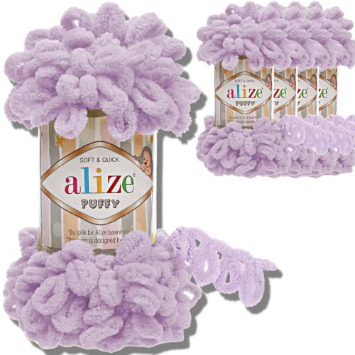 Alize 5x 100g Puffy türkische Wolle Super Bulky Chenillegarn Kuschelweich Babywolle Handstrickgarn zum häkeln weiches Chenille-Garn XXL-Knäuel für Amigurumi (Light Lilac | 27) von Hobby YARN