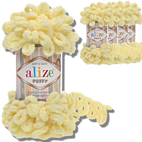 Alize 5x 100g Puffy türkische Wolle Super Bulky Chenillegarn Kuschelweich Babywolle Handstrickgarn zum häkeln weiches Chenille-Garn XXL-Knäuel für Amigurumi (Light Yellow | 13) von Hobby YARN
