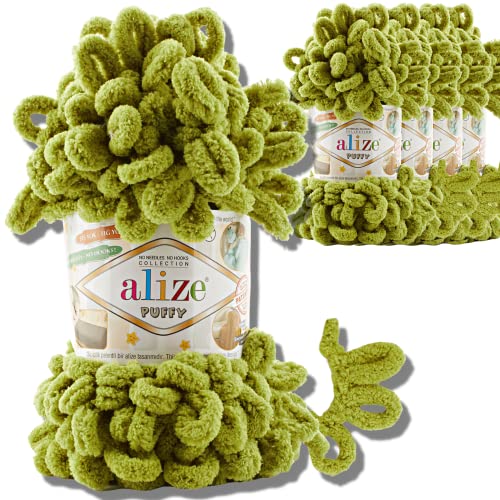 Alize 5x 100g Puffy türkische Wolle Super Bulky Chenillegarn Kuschelweich Babywolle Handstrickgarn zum häkeln weiches Chenille-Garn XXL-Knäuel für Amigurumi (Pistachio Green | 11) von Hobby YARN