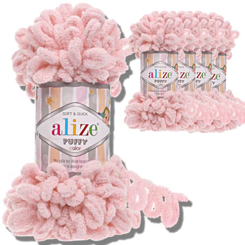 Alize 5x 100g Puffy türkische Wolle Super Bulky Chenillegarn Kuschelweich Babywolle Handstrickgarn zum häkeln weiches Chenille-Garn XXL-Knäuel für Amigurumi (Powder | 161) von Hobby YARN