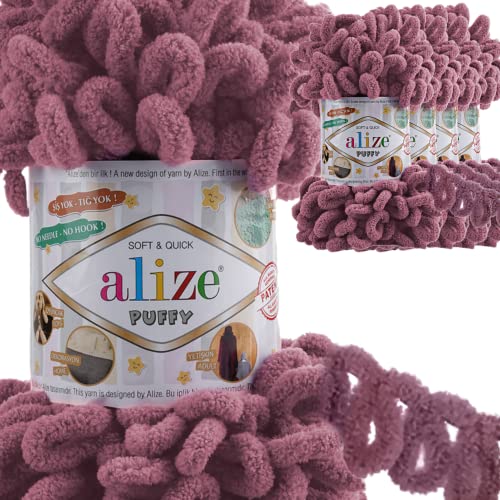 Alize 5x 100g Puffy türkische Wolle Super Bulky Chenillegarn Kuschelweich Babywolle Handstrickgarn zum häkeln weiches Chenille-Garn XXL-Knäuel für Amigurumi (Rose | 28) von Hobby YARN