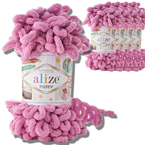 Alize 5x 100g Puffy türkische Wolle Super Bulky Chenillegarn Kuschelweich Babywolle Handstrickgarn zum häkeln weiches Chenille-Garn XXL-Knäuel für Amigurumi (Rose | 98) von Hobby YARN