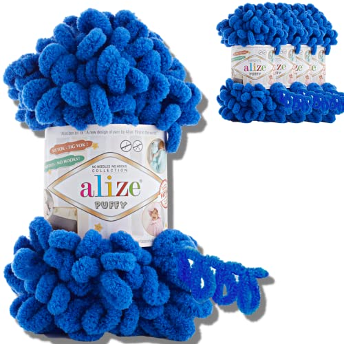 Alize 5x 100g Puffy türkische Wolle Super Bulky Chenillegarn Kuschelweich Babywolle Handstrickgarn zum häkeln weiches Chenille-Garn XXL-Knäuel für Amigurumi (Royal Blue | 141) von Hobby YARN