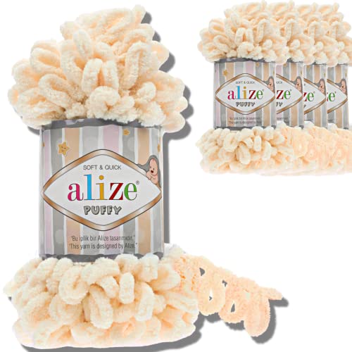 Alize 5x 100g Puffy türkische Wolle Super Bulky Chenillegarn Kuschelweich Babywolle Handstrickgarn zum häkeln weiches Chenille-Garn XXL-Knäuel für Amigurumi (Vanilla | 742) von Hobby YARN