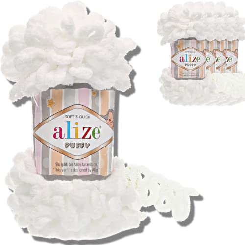 Alize 5x 100g Puffy türkische Wolle Super Bulky Chenillegarn Kuschelweich Babywolle Handstrickgarn zum häkeln weiches Chenille-Garn XXL-Knäuel für Amigurumi (White | 55) von Hobby YARN