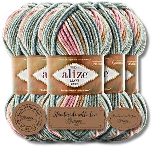 Alize 5x 100g Superlana Maxi Batik Türkische Wolle Super Bulky Chenillegarn Babywolle Handstrickgarn zum häkeln weiches Chenille-Garn XXL-Knäuel für Amigurumi Yarn Garn (7803) von Hobby YARN