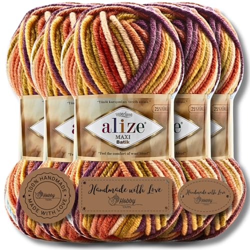 Hobby YARN 3x Etikettenlabel mit Alize Superlana Maxi Batik Wolle Premium 5x100g als Set | Yarn| Garn| Strickgarn mit Farbverlauf Baby zum Häkeln Stricken Kleidung Schals (8027) von Hobby YARN