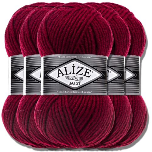 Alize 5x 100g Superlana Maxi Türkische Premium Wolle Baumwolle und Acryl Uni Handstrickgarne | Yarn | Garn | Strickgarn Einfarbig Baby zum Häkeln Stricken Kleidung Schals (Cherry | 390) von Hobby YARN