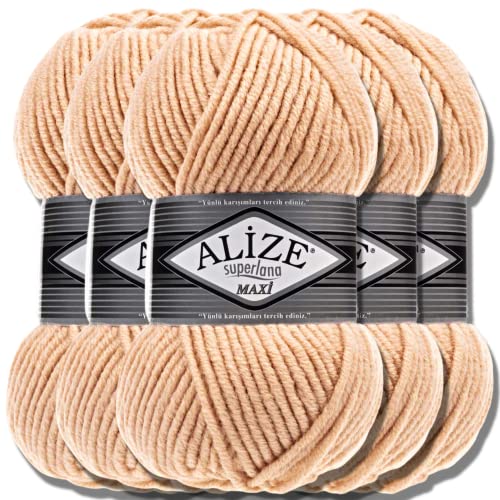 Alize 5x 100g Superlana Maxi Türkische Premium Wolle Baumwolle und Acryl Uni Handstrickgarne | Yarn | Garn | Strickgarn Einfarbig Baby zum Häkeln Stricken Kleidung Schals (Cream Caramel | 502) von Hobby YARN