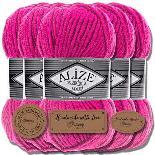 Alize 5x 100g Superlana Maxi Türkische Premium Wolle Baumwolle und Acryl Uni Handstrickgarne | Yarn | Garn | Strickgarn Einfarbig Baby zum Häkeln Stricken Kleidung Schals (Fuchsia | 149) von Hobby YARN