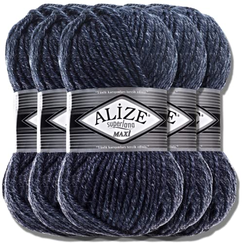 Alize 5x 100g Superlana Maxi Türkische Premium Wolle Baumwolle und Acryl Uni Handstrickgarne | Yarn | Garn | Strickgarn Einfarbig Baby zum Häkeln Stricken Kleidung Schals (Jaspe Navy | 805) von Hobby YARN