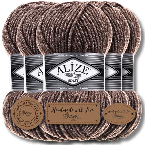 Alize 5x 100g Superlana Maxi Türkische Premium Wolle Baumwolle und Acryl Uni Handstrickgarne | Yarn | Garn | Strickgarn Einfarbig Baby zum Häkeln Stricken Kleidung Schals (Milky Brown Melange | 240) von Hobby YARN
