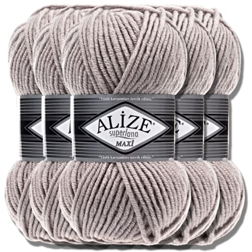 Alize 5x 100g Superlana Maxi Türkische Premium Wolle Baumwolle und Acryl Uni Handstrickgarne | Yarn | Garn | Strickgarn Einfarbig Baby zum Häkeln Stricken Kleidung Schals (Smoky | 652) von Hobby YARN