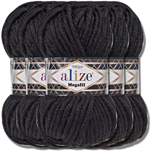 Alize 5x 100g Superlana Megafil Türkische Wolle Super Bulky Chenillegarn Babywolle Handstrickgarn häkeln weiches Chenille-Garn XXL-Knäuel für Amigurumi Yarn Garn (Black | 60) von Hobby YARN