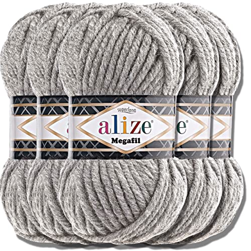 Alize 5x 100g Superlana Megafil Türkische Wolle Super Bulky Chenillegarn Babywolle Handstrickgarn häkeln weiches Chenille-Garn XXL-Knäuel für Amigurumi Yarn Garn (Grey Melange | 21) von Hobby YARN