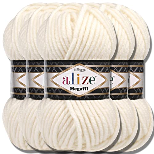 Alize 5x 100g Superlana Megafil Türkische Wolle Super Bulky Chenillegarn Babywolle Handstrickgarn häkeln weiches Chenille-Garn XXL-Knäuel für Amigurumi Yarn Garn (Light Cream | 62) von Hobby YARN