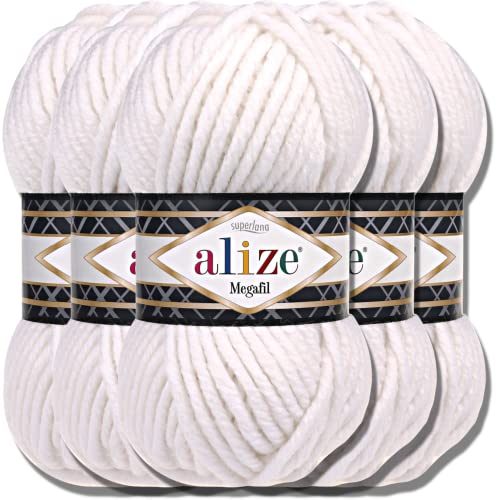 Alize 5x 100g Superlana Megafil Türkische Wolle Super Bulky Chenillegarn Babywolle Handstrickgarn häkeln weiches Chenille-Garn XXL-Knäuel für Amigurumi Yarn Garn (White | 55) von Hobby YARN