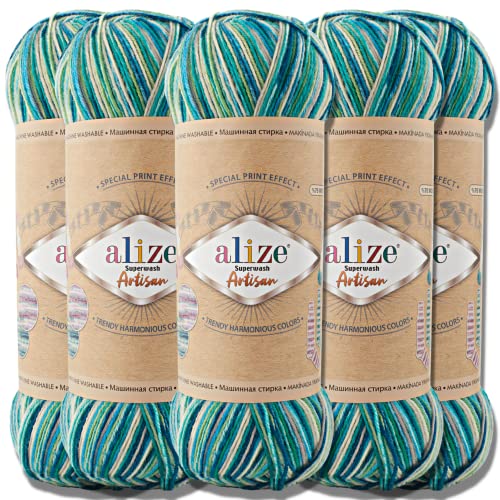 Alize 5x 100g Superwash Artisan Türkische Premium Sockenwolle Wolle 75% SW Wool - 25% Polyamide Handstrickgarne Yarn Garn Strickgarn Socken Weich (9001) von Hobby YARN