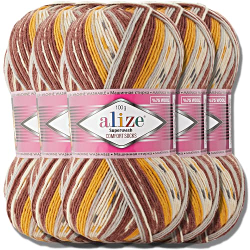 Alize 5x 100g Superwash Comfort Socks Türkische Premium Wolle 75% SW Wool - 25% Polyamide Uni Handstrickgarne Yarn Garn Strickgarn Babywolle Einfarbig Baby zum Häkeln Stricken (7652) von Hobby YARN