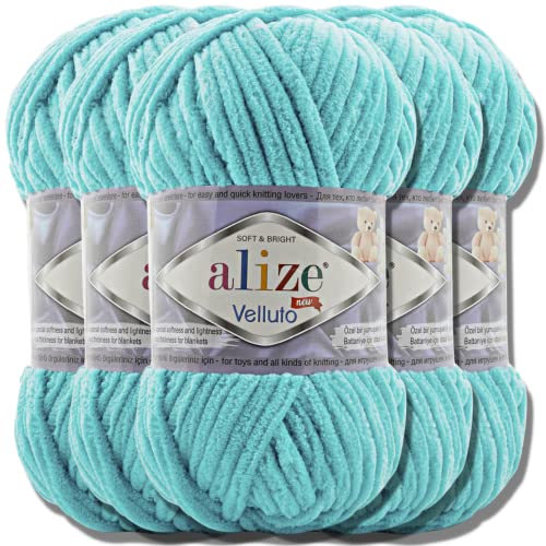 Hobby YARN Alize Velluto 5x 100g Türkische Strickwolle super Bulky Wolle zum Häkeln Uni Farbe Babywolle Flauschgarn Filzwolle Kuschelwolle (Cyan | 490) von Hobby YARN