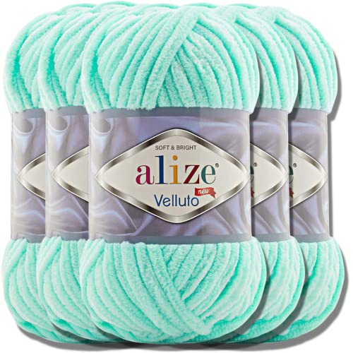 Hobby YARN Alize Velluto 5x 100g Türkische Strickwolle super Bulky Wolle zum Häkeln Uni Farbe Babywolle Flauschgarn Filzwolle Kuschelwolle (Light Turquoise | 19) von Hobby YARN