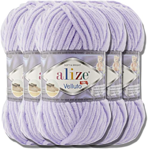 Hobby YARN Alize Velluto 5x 100g Türkische Strickwolle super Bulky Wolle zum Häkeln Uni Farbe Babywolle Flauschgarn Filzwolle Kuschelwolle (Lilac | 146) von Hobby YARN