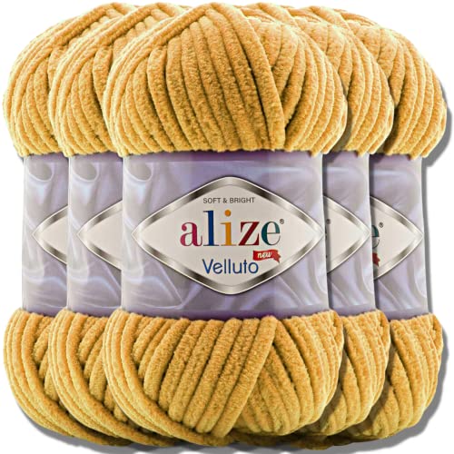 Hobby YARN Alize Velluto 5x 100g Türkische Strickwolle super Bulky Wolle zum Häkeln Uni Farbe Babywolle Flauschgarn Filzwolle Kuschelwolle (Mustard | 2) von Hobby YARN