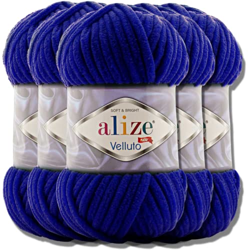 Hobby YARN Alize Velluto 5x 100g Türkische Strickwolle super Bulky Wolle zum Häkeln Uni Farbe Babywolle Flauschgarn Filzwolle Kuschelwolle (Navy | 360) von Hobby YARN